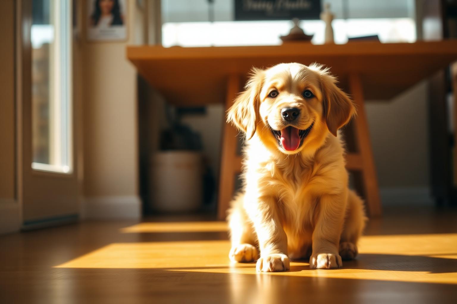 Cachorro Golden Retriever feliz en casa